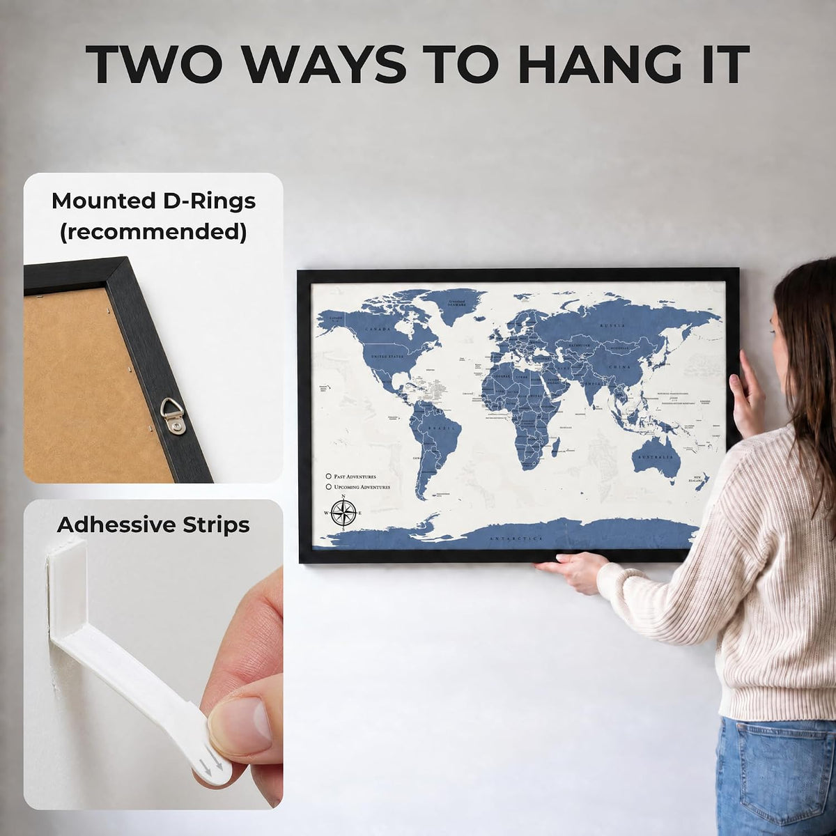 Large Push Pin World Travel Map – 30" x 20" Framed Cork Board Wall Art, Modern World Map with 200 Unique Pins for Tracking Adventures, A Premium Gift for Travelers, Couples and Families