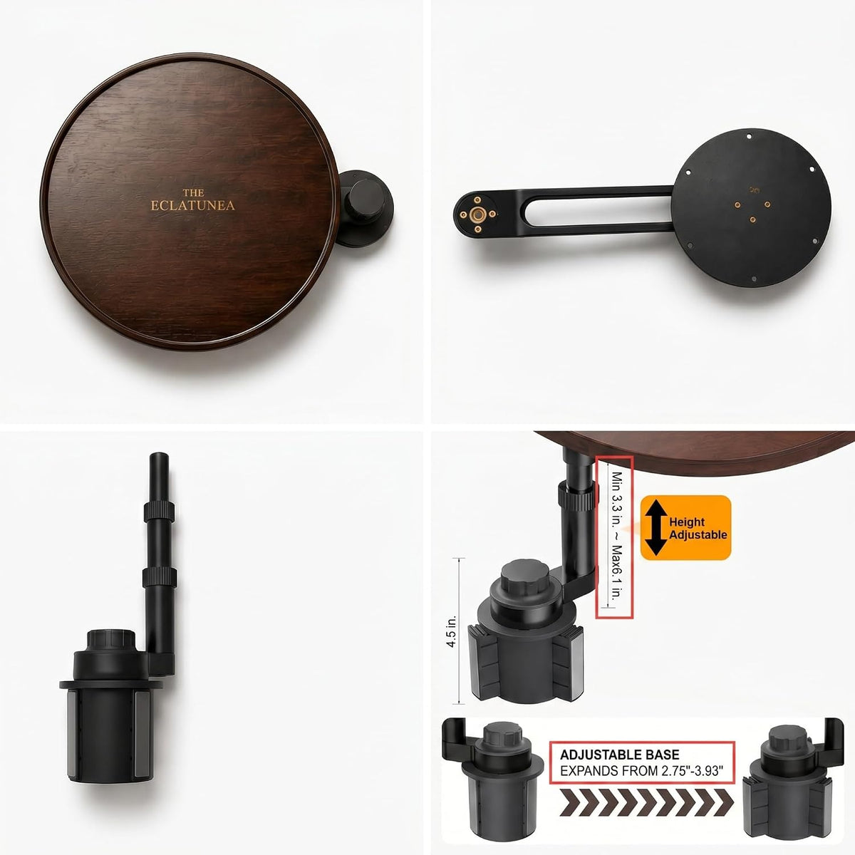 Car Cup Holder Tray Table - 360° Swivel Car Desk & Food Tray for Eating, Laptop Mount, Bamboo Car Organizer Table Accessories
