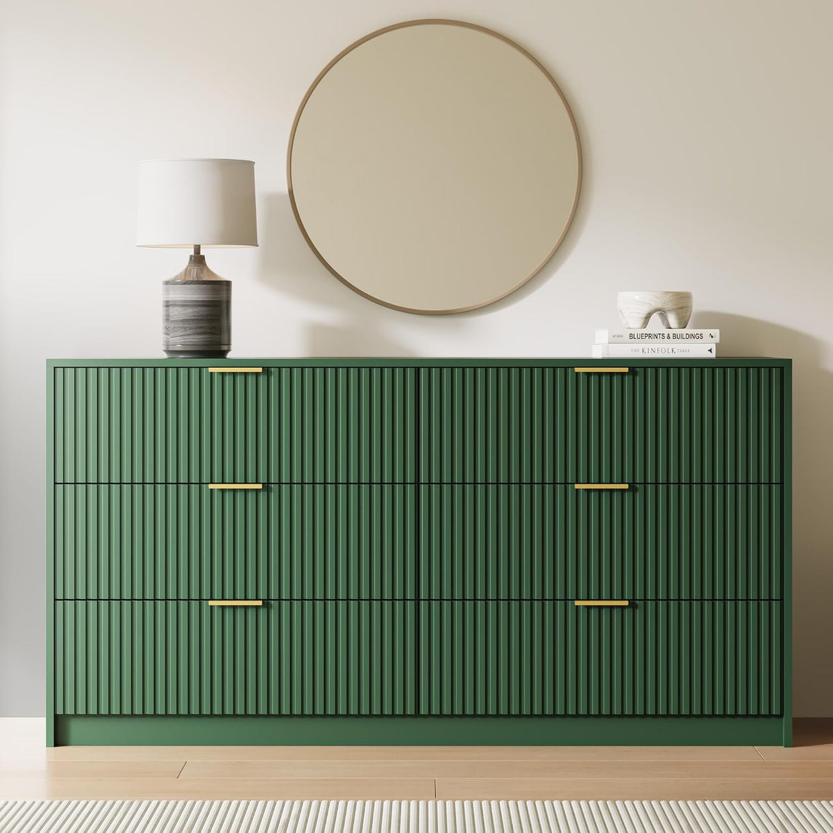 MAISONARIA 55" Wide Fluted 6-Drawer Double Dresser for Bedroom, Green