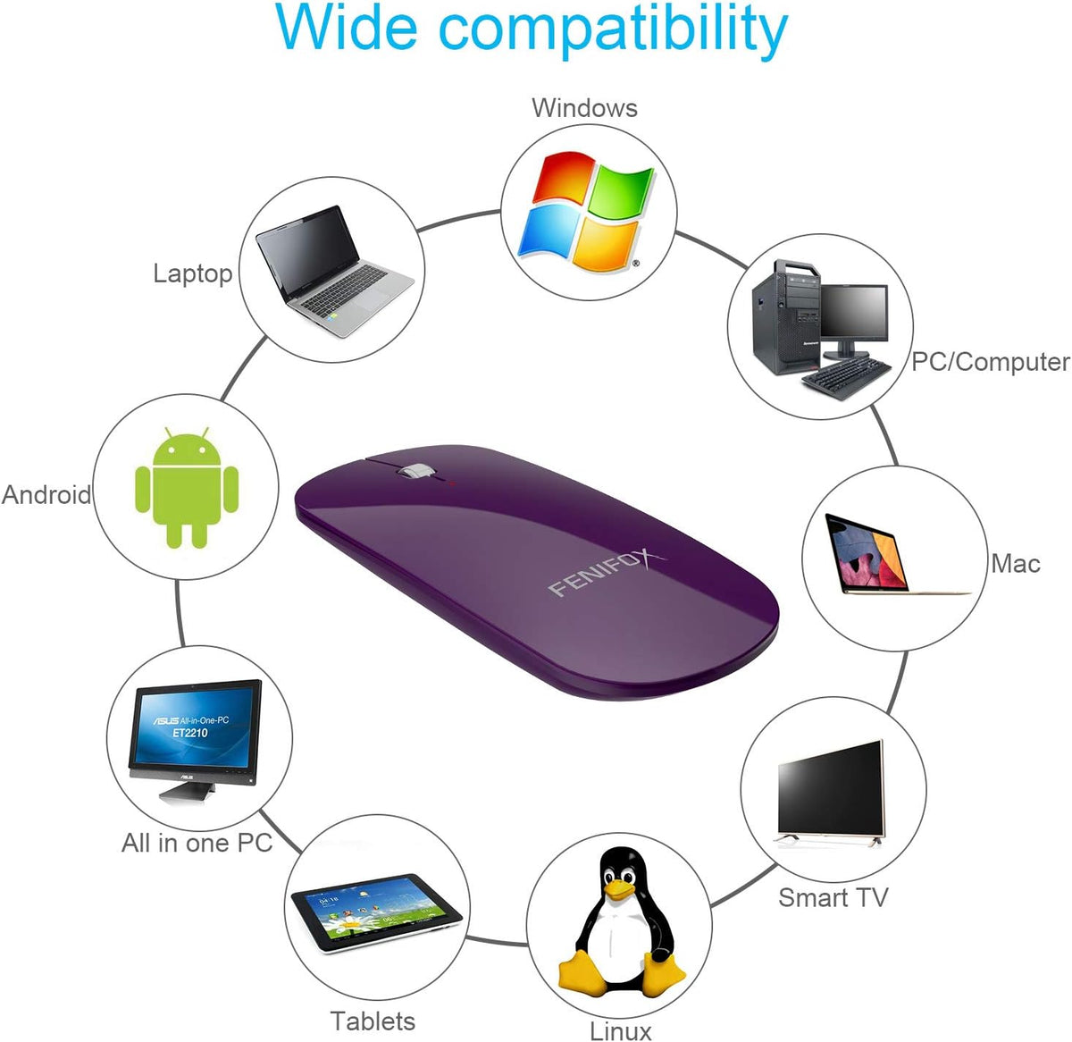 FENIFOX Bluetooth Mouse Slim, Whisper-Quiet Mini Flat Portable Mobile Mice Rechargeable Compatible with Laptop,PC,Android Windows Tablet - Deep Purple