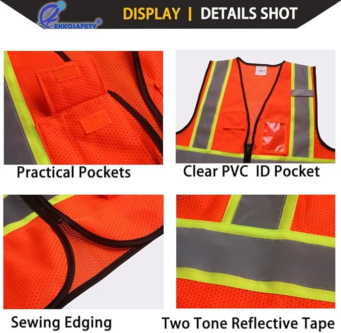 Safety Vest for Men Women Reflective with 5 Pockets and Zipper Front Mesh High Visibility Vest Hi Vis Construction Work Vest,Meets ANSI/ISEA Standards(EK175-Orange-3XL)