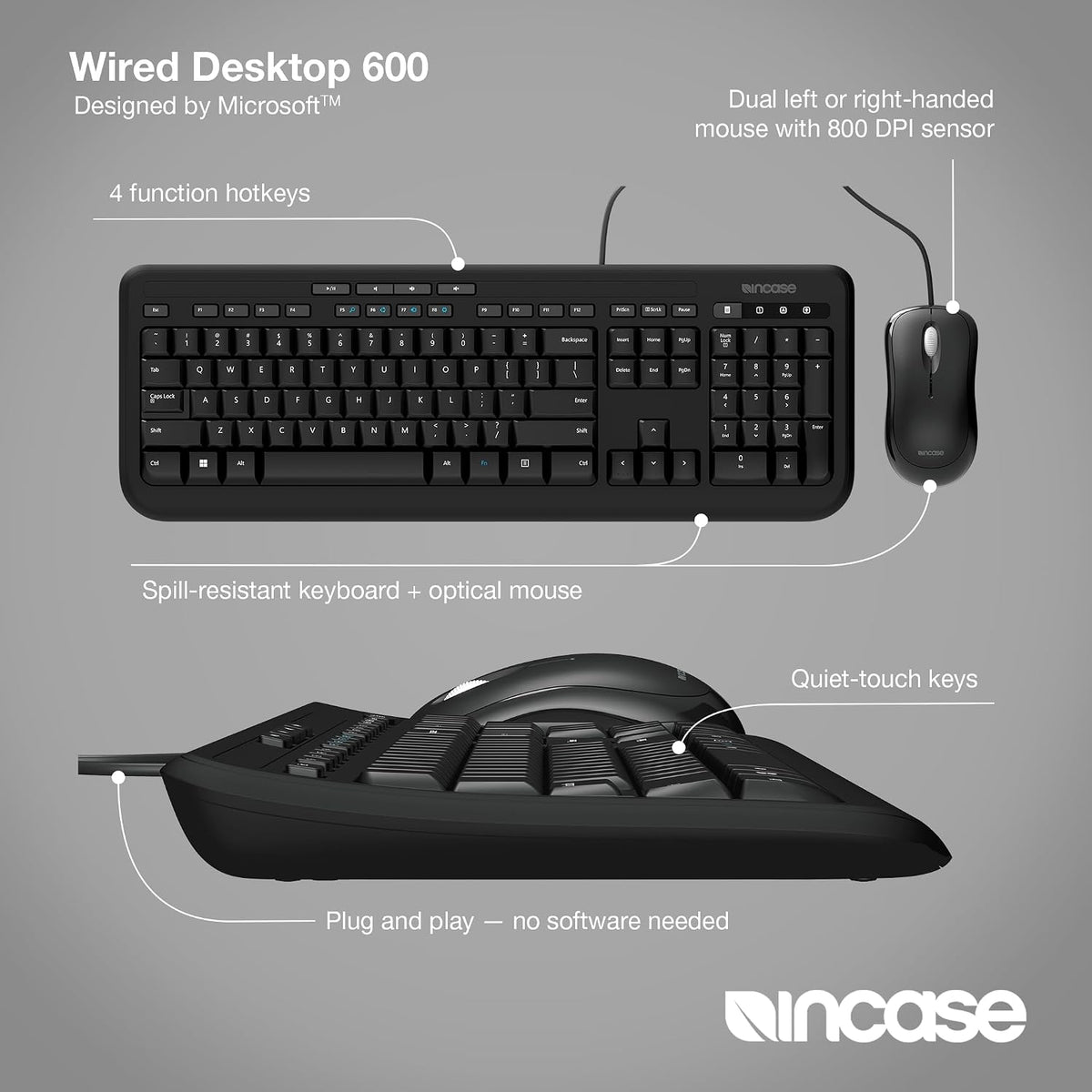 Incase Wired Desktop 600 Keyboard & Mouse Combo – Designed by Microsoft – Four Hot Keys, Spill-Resistant Keyboard, Quiet-Touch Keys, Optical Mouse, Left/Right Mouse with 800 DPI Sensor – Black
