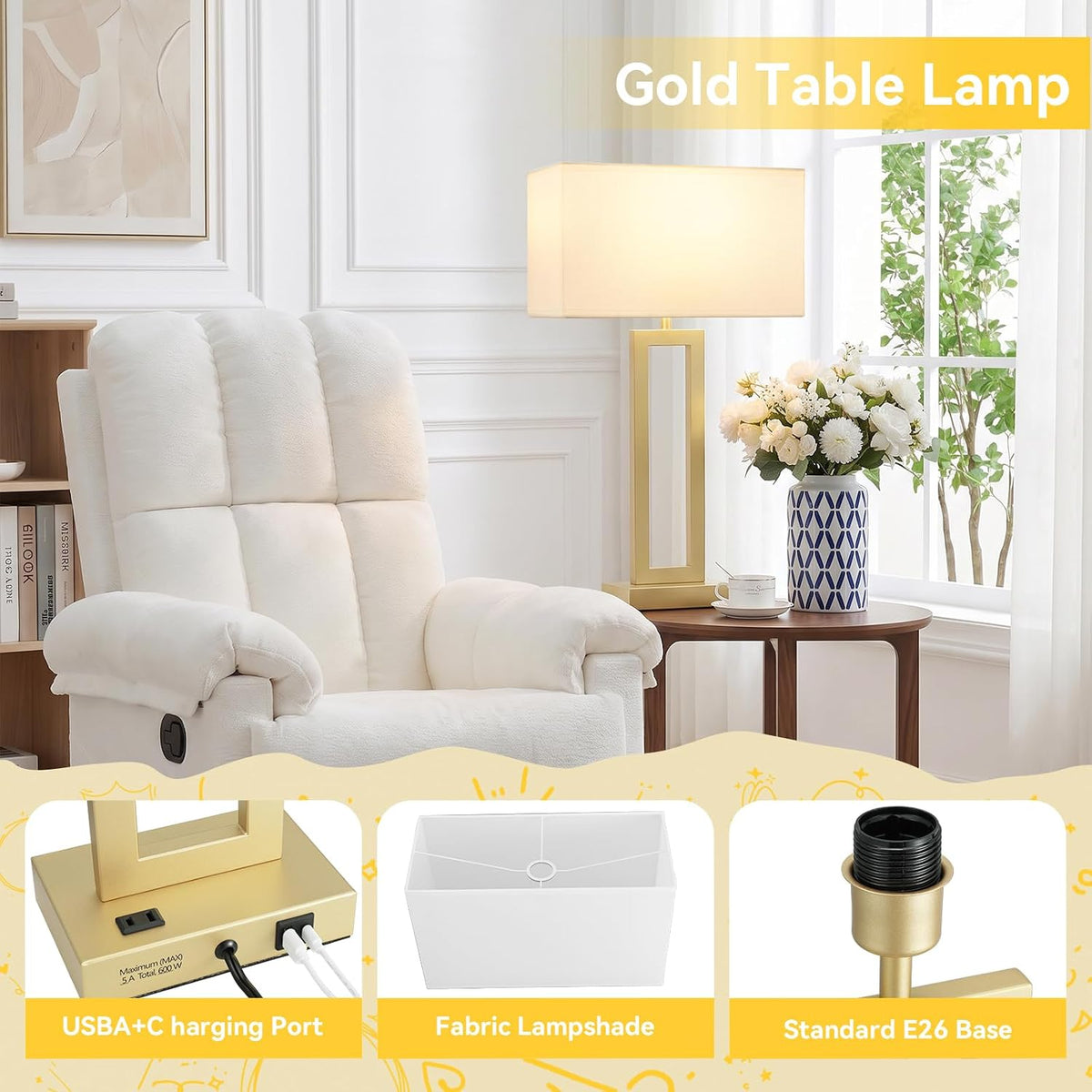 26" Tall Touch Lamps for Nightstand with USB C+A, 3 Way Dimmable Gold Lamp
