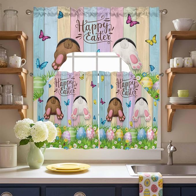Swag Valance Curtains, Happy Easter Rabbit Butt Egg on Daisy Leaf Rod Pocket