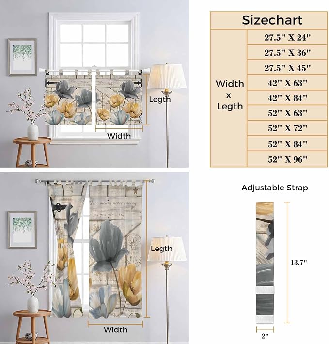 Spring Tulips Flower Kitchen Curtains 45 Inch Length, Short Cafe Window