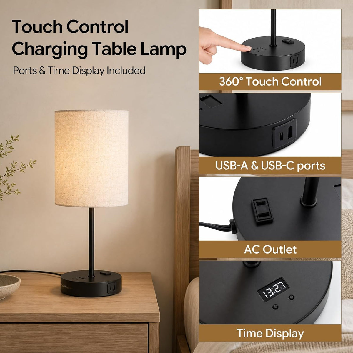 BySea Bedside Table Lamp with Clock, Remote, Touch On/Off, USB & AC Outlet