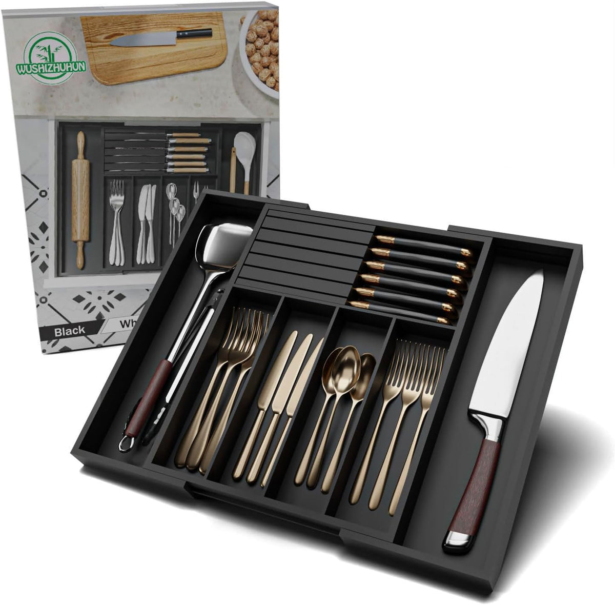Utensil Organizer Silverware Tray for Drawer - Bamboo Knife Drawer Organizer Expandable Cutlery Organizer in Drawer Knife Block W12.8-20.2" x L16 x H2 (Black)