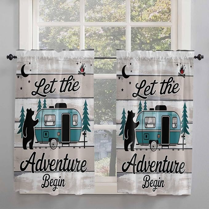Farmhouse Bear Camper Van Tree Window Valance Curtains, Vintage Wood Grain