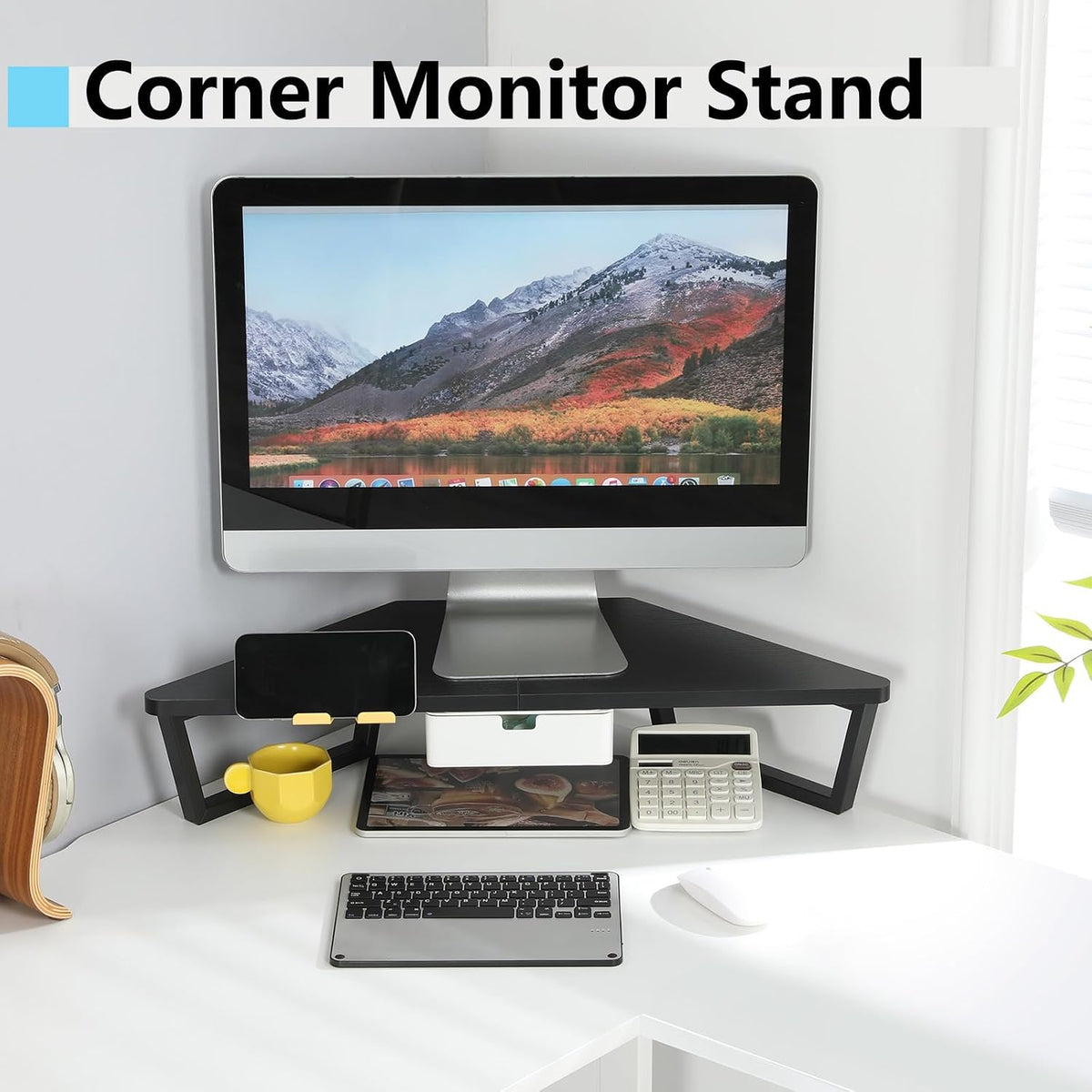 TEAMIX Corner Monitor Stand with Drawer and Phone Holder, 26x12.6x5.3in