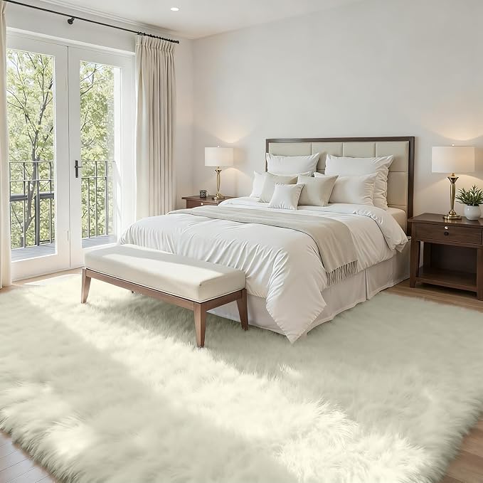 5x8 Area Rugs for Living Room: Soft Fluffy Shag Cream White Rugs for Bedroom