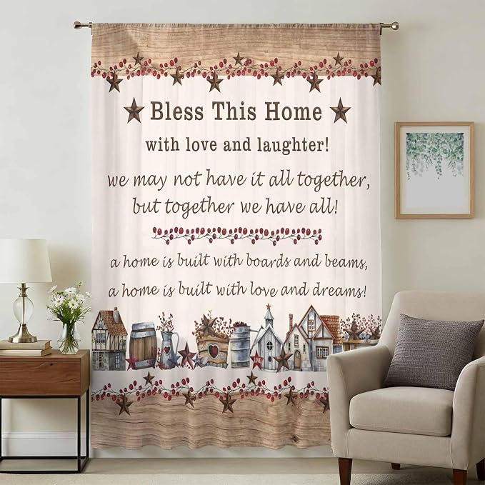 Farmhouse Sheer Curtains 45 Inch Length Country Star Barn Berry Brown Wood