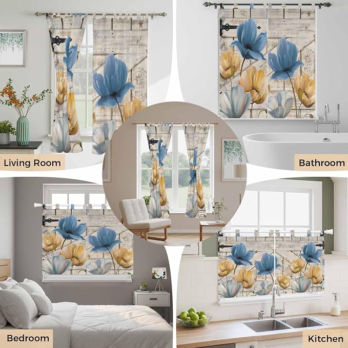 Blue Yellow Tulips Living Room Curtains 84 Inch Length, Window Curtains Tab Top