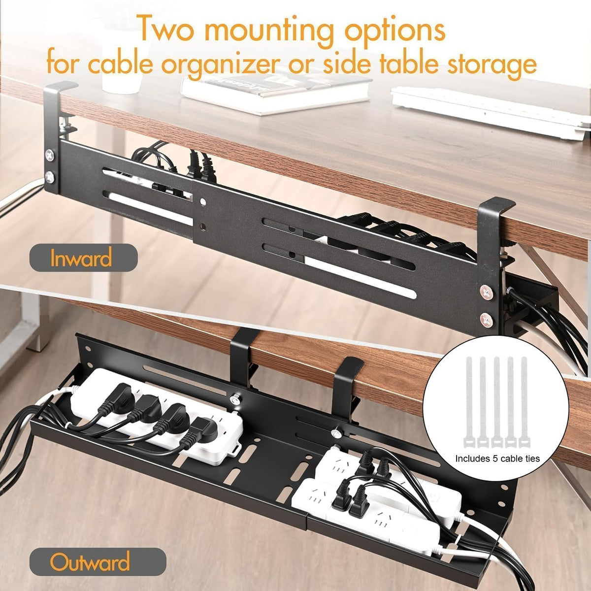 No Drill Under Desk Cable Management Tray, 17”-30” Retractable Cord Organizer for Table, Clamp Mount Wire Basket, Power Strip Holder & Metal Cord Organizer for Office, Home，Black