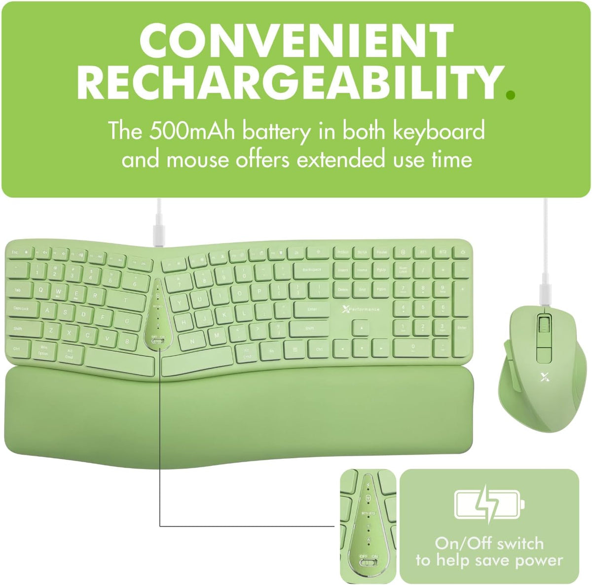 X9 Ergonomic Keyboard and Mouse Wireless Combo - Green Split Keyboard and Mouse Set, Bluetooth/2.4G, Soft Wrist Rest, Rechargeable, Silent Keys, Multi-Device for Laptop, PC, Mac, iOS, Android