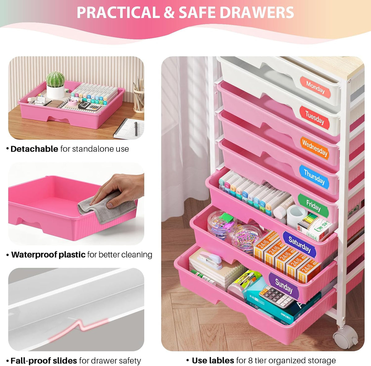 Goovilla Rolling Cart with 8 Drawers for Art, Dorm, Office, Craft, Pink