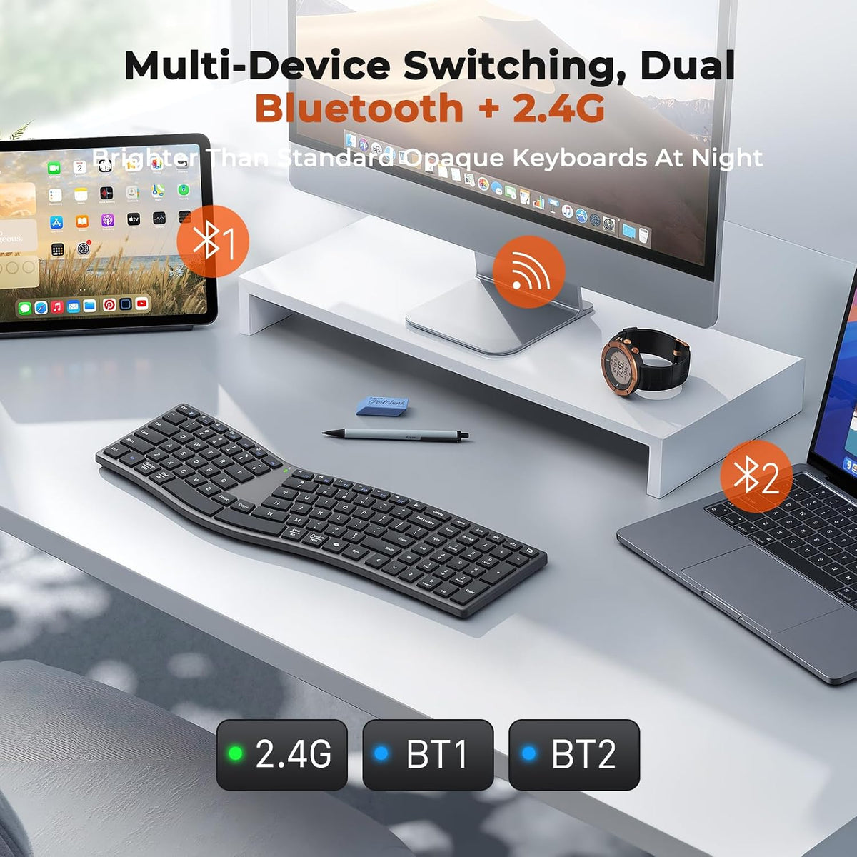MEETION Wireless Ergonomic Keyboard, Split S-Curve, Bluetooth & 2.4G, Black