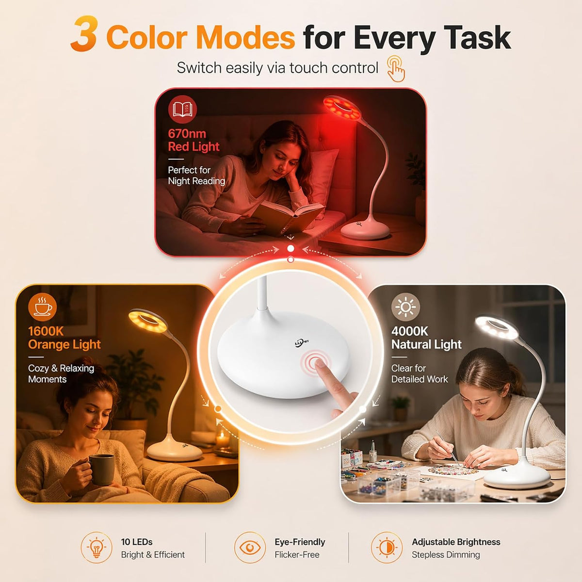 Desk Lamp with 670nm Red Light Therapy for Reading Sleep Bedroom