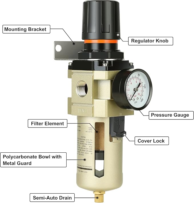 Hromee 1/2 Inch Compressed Filter Regulator Combo, Air Compressor Water Oil