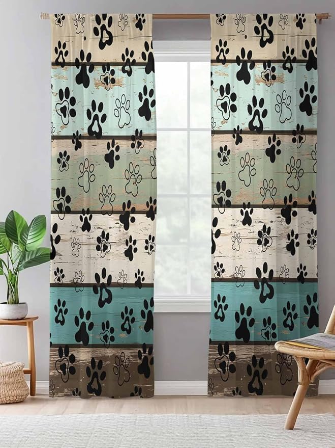 Sheer Curtains 84 Inches Long, Sage Green Brown Paw Prints Semi Sheer Curtains