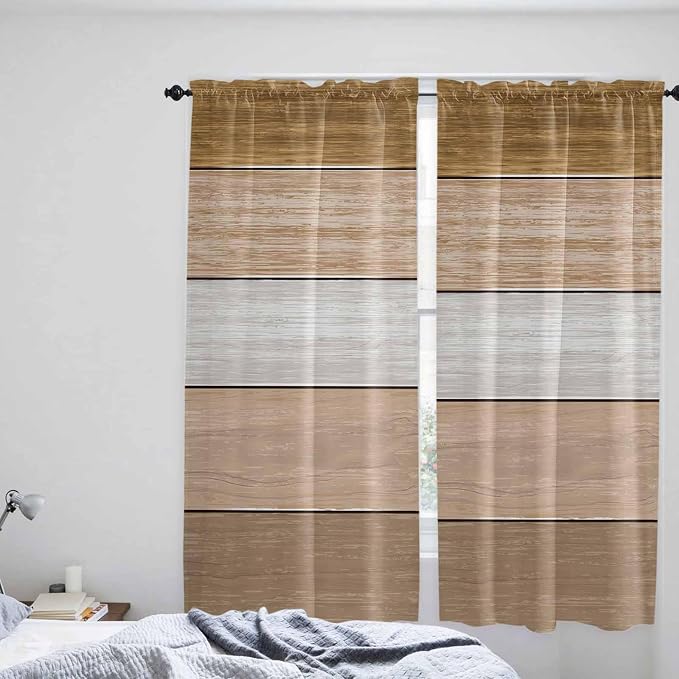Retro Farm Wood Board Window Valance Curtains, 2 Panel