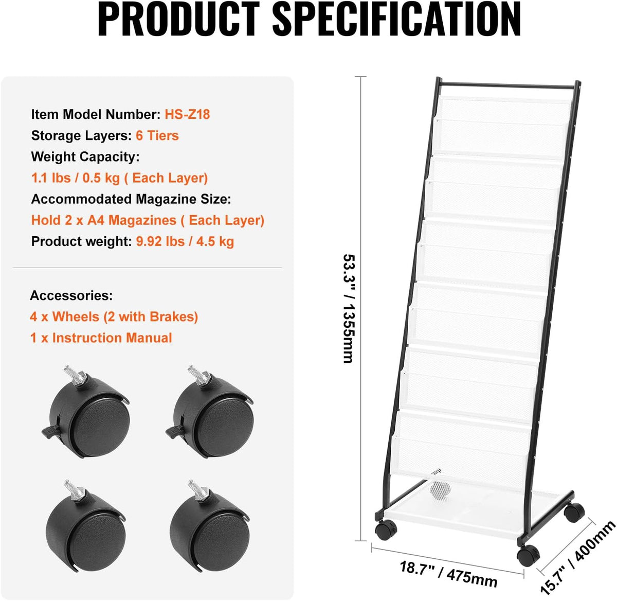 VEVOR Brochure Display Rack, 6-Tier Magazine Literature Display Stand, Floor Standing Magazine Rack Newspaper Catalog Holders, Movable with 4 Wheels (2 Lockable) for Shop Exhibitions Office, 6 Pockets