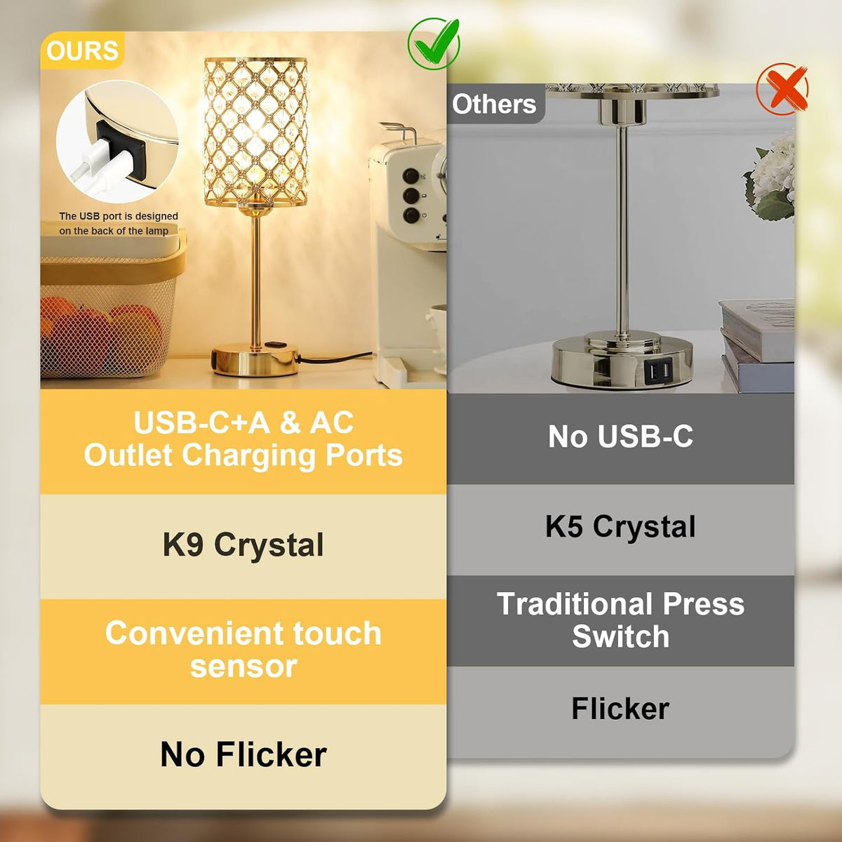 Hong-in Gold Lamps for Night Stands, Crystal Table Lamp with Touch Control