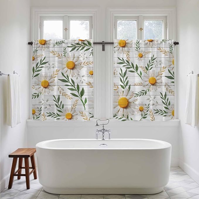 Spring Daisy Kitchen Curtains, Farmhouse Country Flower Leaf Plant Wood Grain