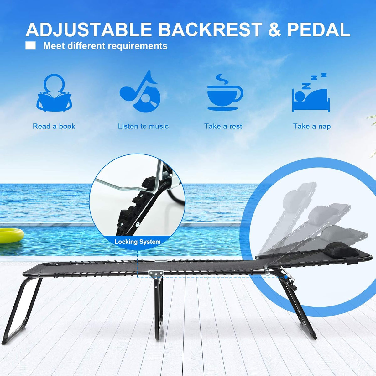 GIANTEX Chaise Lounge Chair Outdoor - Patio Lounge Chair w/Pillow, 4-Level Adjustable Backrest, 2-Level Footrest, Heightened 16” Pool Lounger for Beach, Lawn, Tanning Chairs for Outside (1, Black)