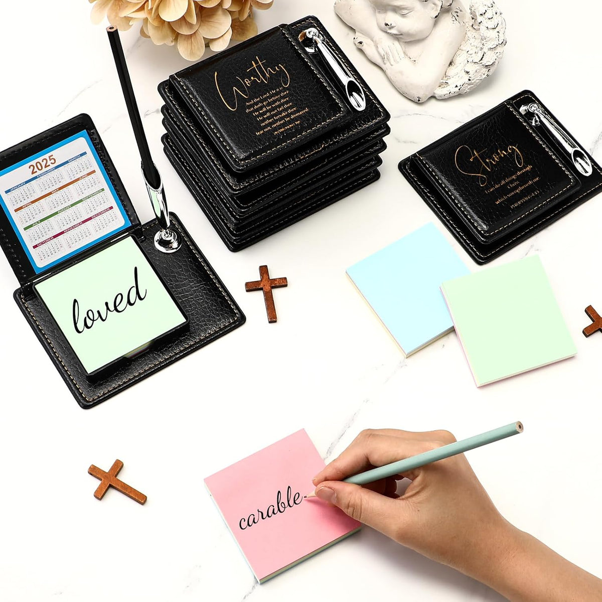 Spakon 12 Set Christian Note Holders with Scripture Leather Pen, Black
