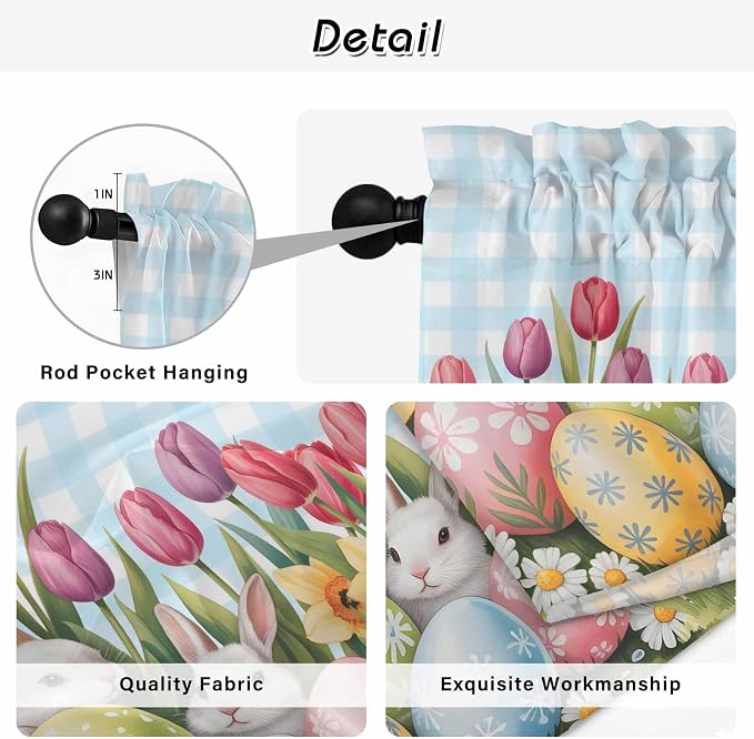 Easter Kitchen Tier Curtains 45 Inch Long 2 Panel Set, Rod Pocket Short Window