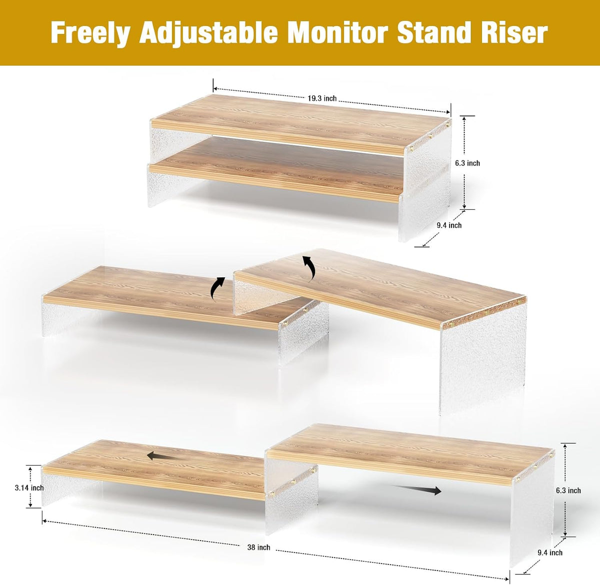 YGYQZ Adjustable Monitor Stand Riser, 9.4" ×19.3" Dual Monitor Desk Stand
