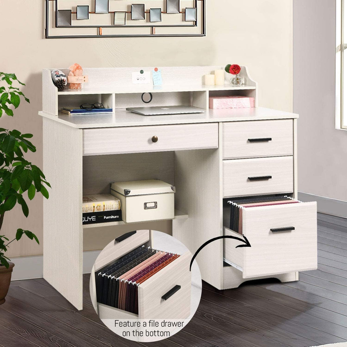 White Home Office Desk with 4 Drawers & Hutch, Computer Table for Bedroom, Off-White