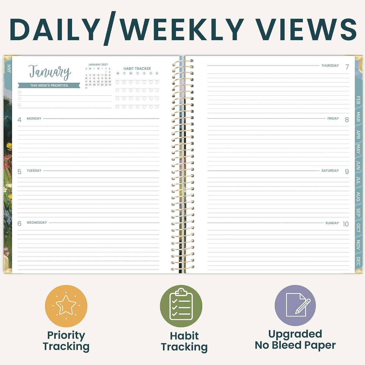 bloom daily planners 2027 HARDCOVER Planner & Stencil - 8.5” x 11" Calendar Year (January - December) Task Goal Planner for Women - Monthly & Weekly Inspirational Agenda Book with Stickers - A New Day