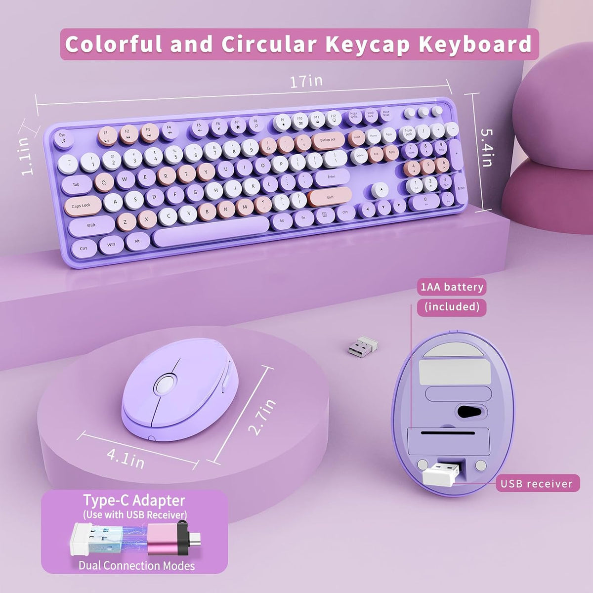 SkyGive Wireless Keyboard and Mouse Combo, Ergonomic Full Size Typewriter Retro Round Keycaps Keyboard, Compatible with Windows, PC, Perfer for Home and Office Keyboards (Lavender Purple