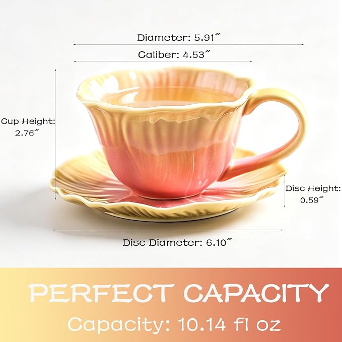 10 oz Tea Cups and Saucers, Flower-Shaped Ceramic Latte Art Cappuccino Cup and