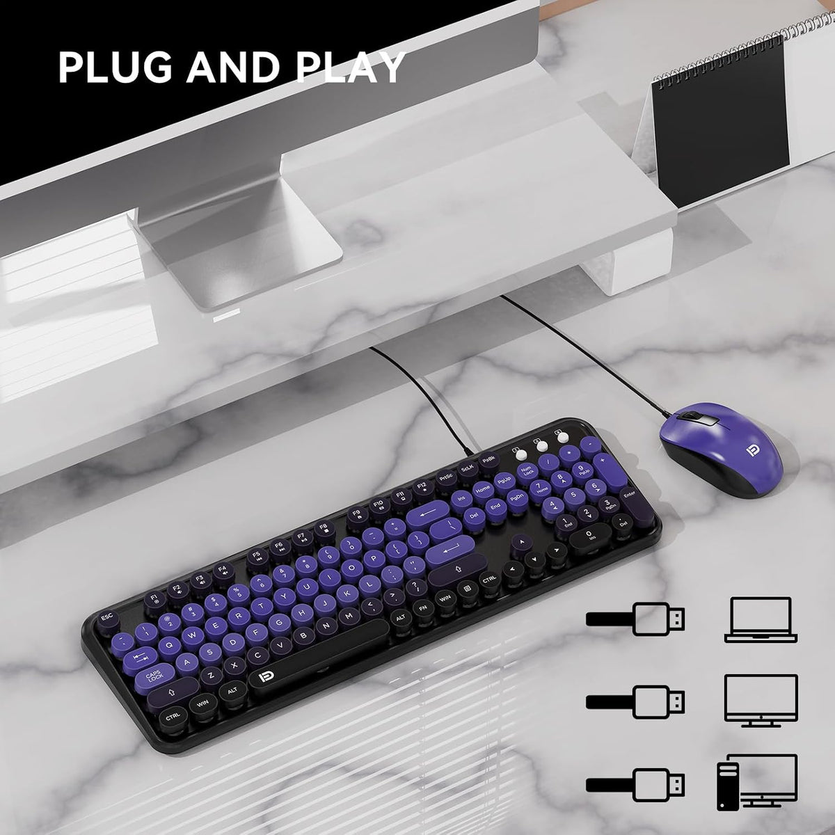 Wired Keyboard and Mouse Combo for Windows, Plug and Play USB Computer Keyboard Optical Wired Mouse, Full-Size Compatible with PC, Laptop - BlackPurple