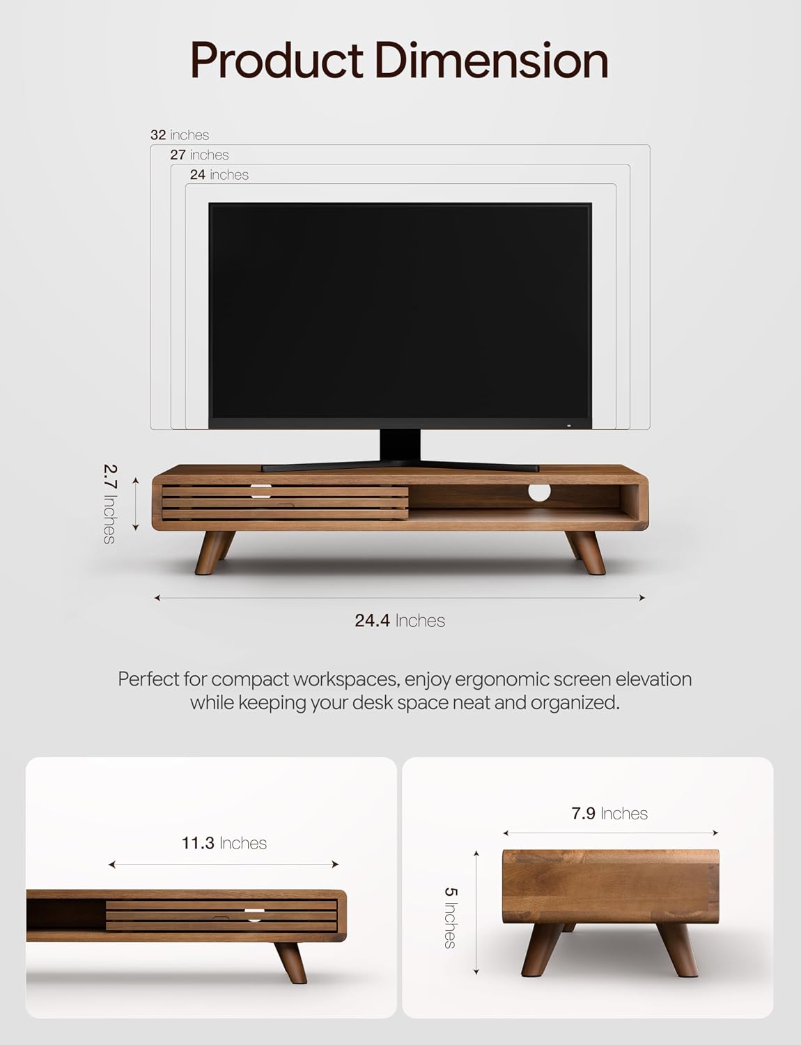 Tinamo 24" Wood Monitor Stand Riser with Sliding Door and Cable Management