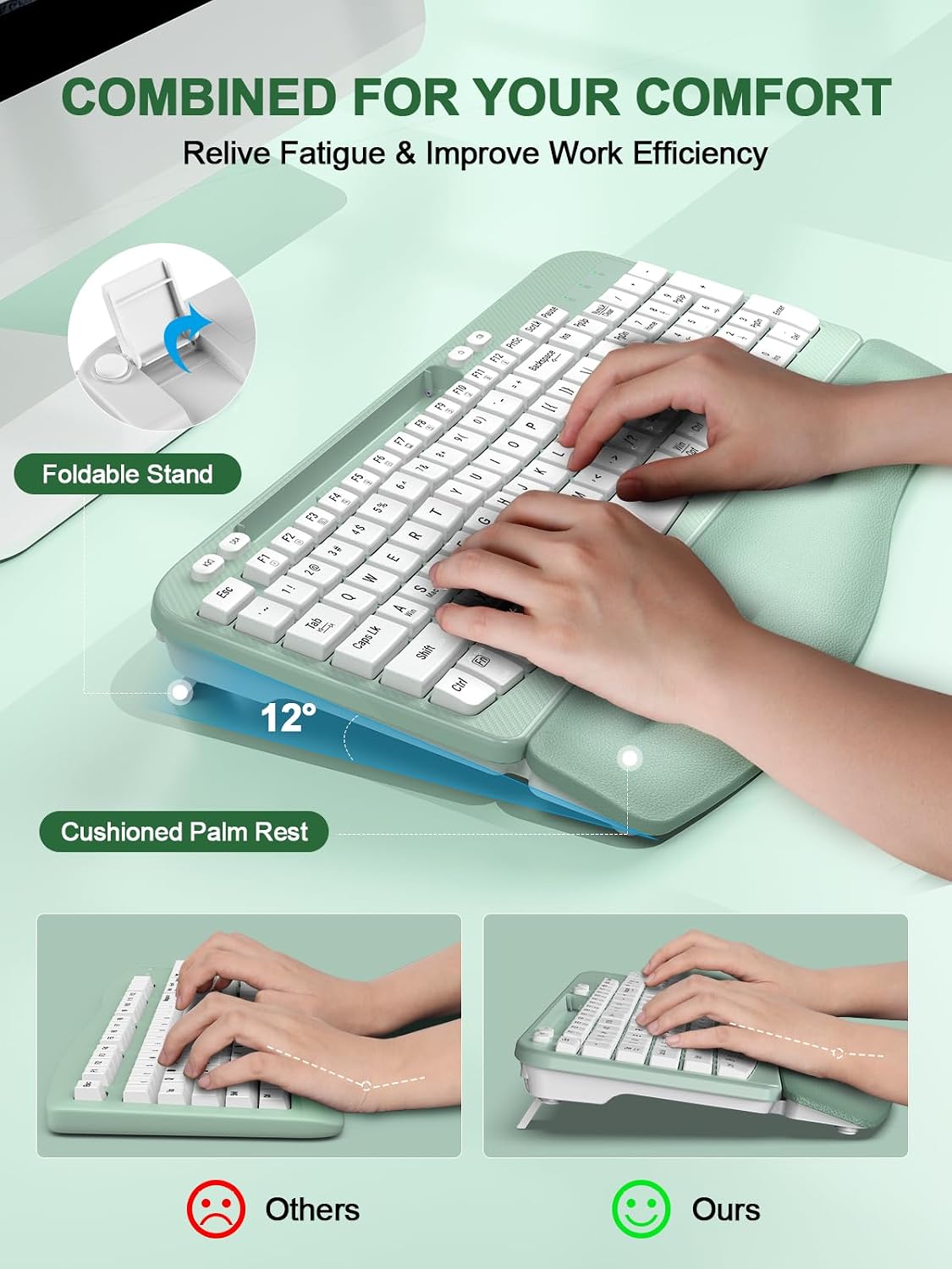 EAYBLLY 2.4G Wireless Ergonomic Keyboard, Full Size Wave Keys with Memory Foam Wrist Rest & 7.28in Phone Holder, USB-C Adapter Included for Windows Mac Chrome OS, Office or Home (Mint Green)