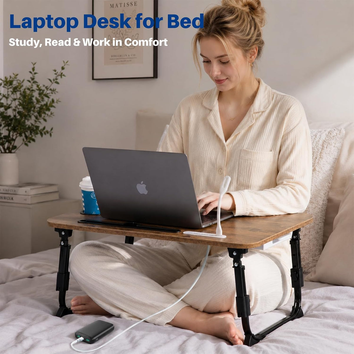 BYMECOST Laptop Desk for Bed, Height Adjustable Laptop Bed Table, Foldable Portable Lap Desk Stand with USB/Storage Drawer/Cup Holder/Slot, Breakfast Tray for Working Reading Writing Eating