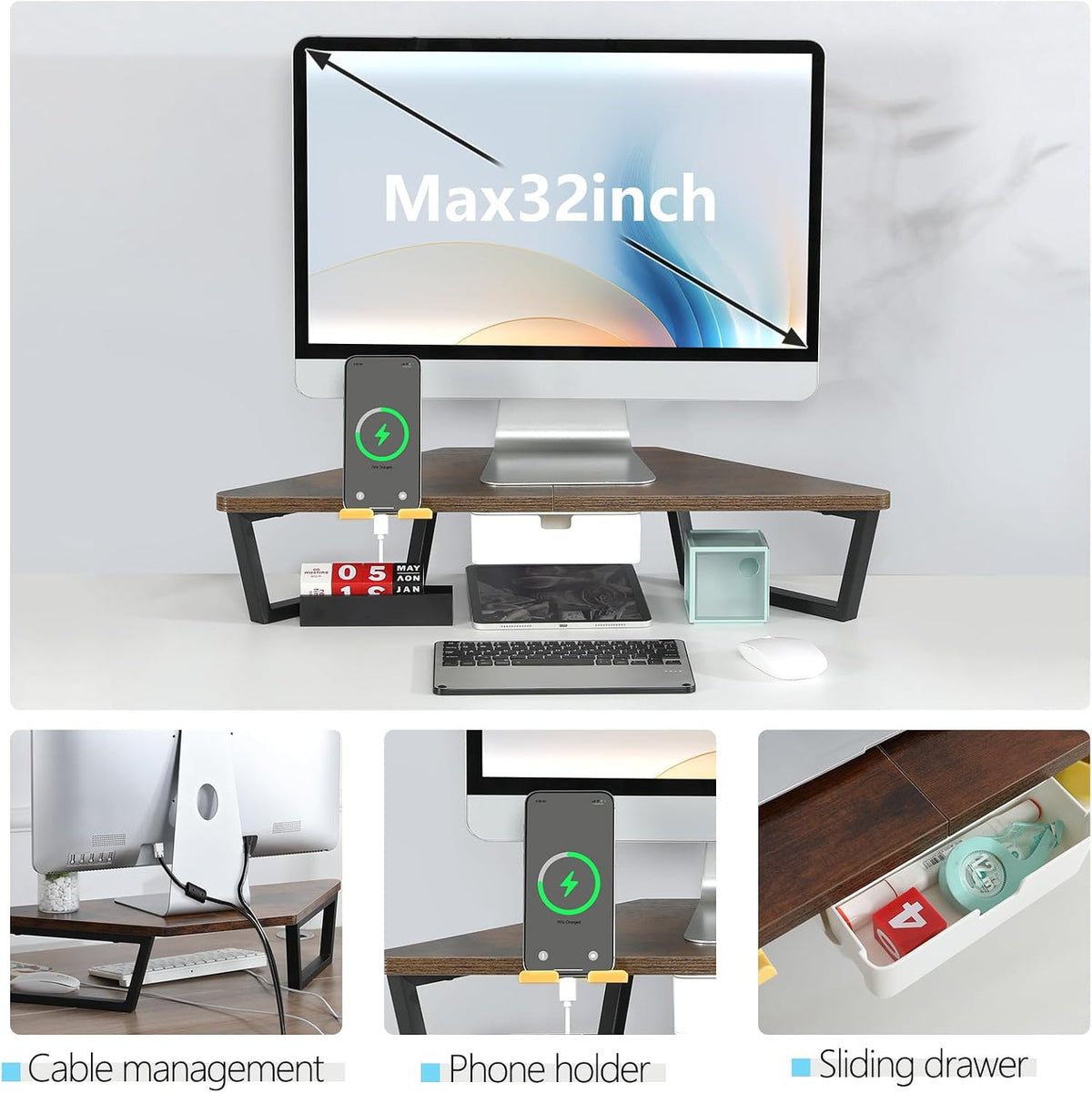 TEAMIX Corner Monitor Stand with Drawer and Phone Holder, 26x12.6x5.3in