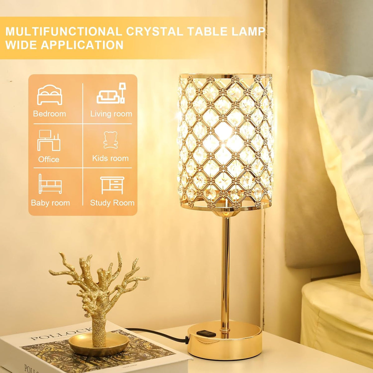 Hong-in Gold Lamps for Night Stands, Crystal Table Lamp with Touch Control