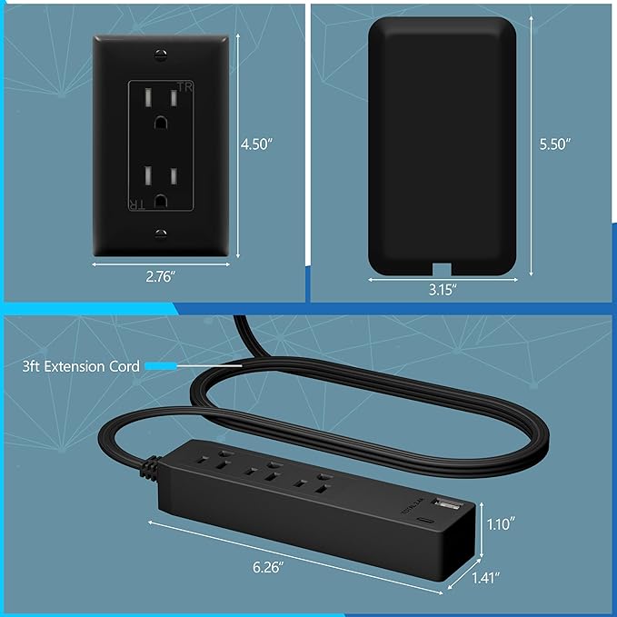 LIDER Outlet Extender with 3 Receptacles, 12W USB Type-A, and USB Type-C, Ultra-Thin Wall Plate Plug with Cord Extender, 3-Outlet Power Strip, Flat-Face, Slim Design, ETL-Listed, 3ft Cord, Black