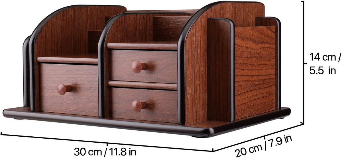 Flexzion Wooden Desk Organizer w/Drawers - Classic Wood Office Supplies Accessories Desktop Tabletop Sorter Shelf Rack Cherry Brown Pencil Holder Caddy Set with 3 Drawers, 3 Compartments & 2 Shelves