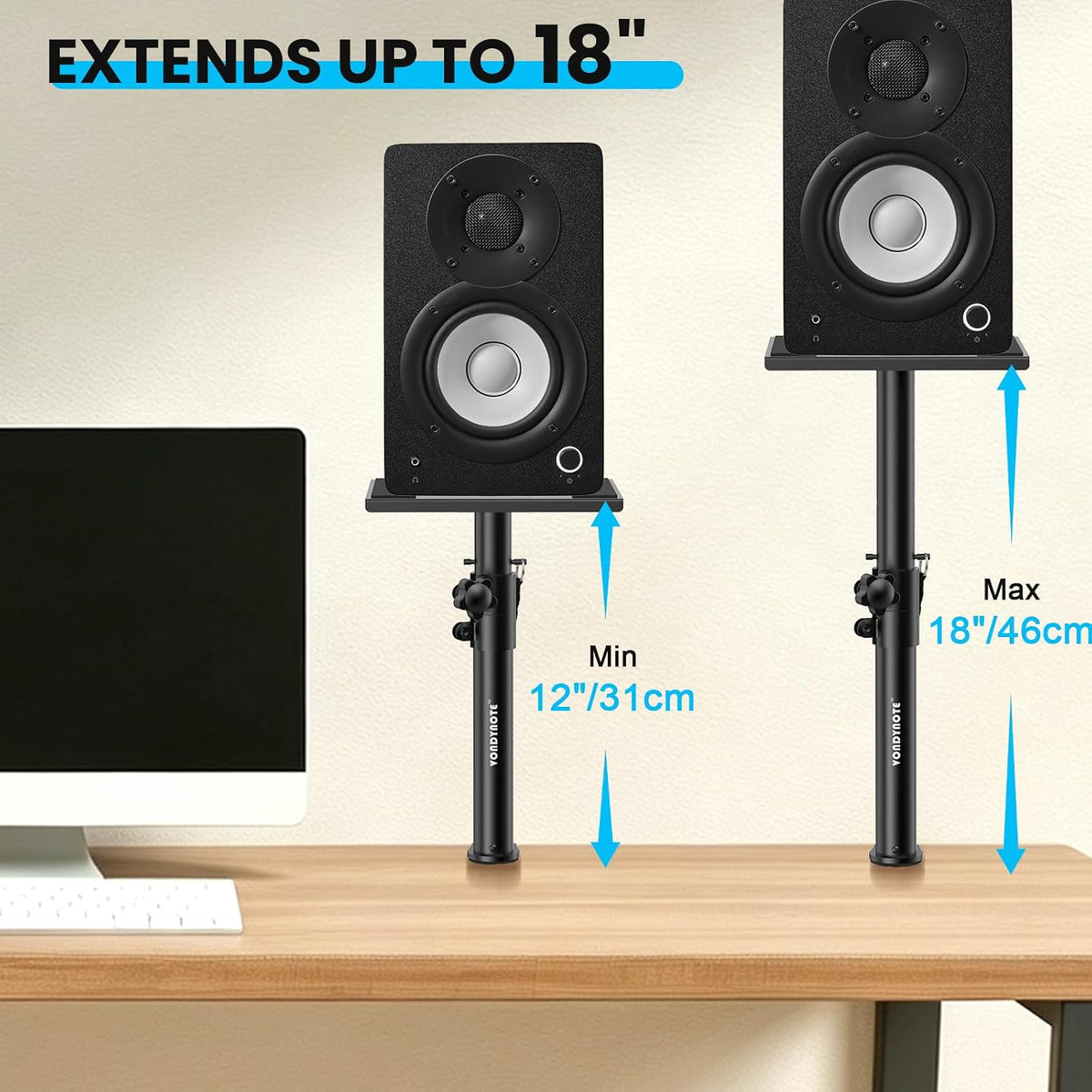 Vondynote Set of 2 Studio Monitor Stands Desktop Speaker Stands Height Adjustable 12" to 18" Speaker Stands with Desk Clamp