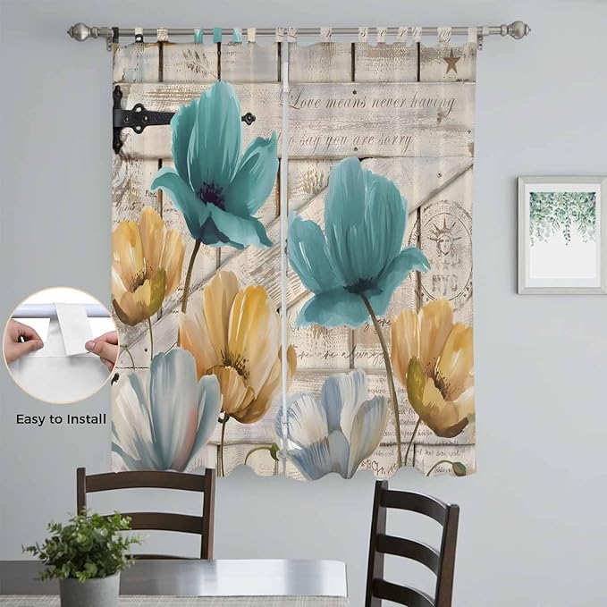 Watercolor Flowers Living Room Curtains 96 Inch Length, Window Curtains Tab Top