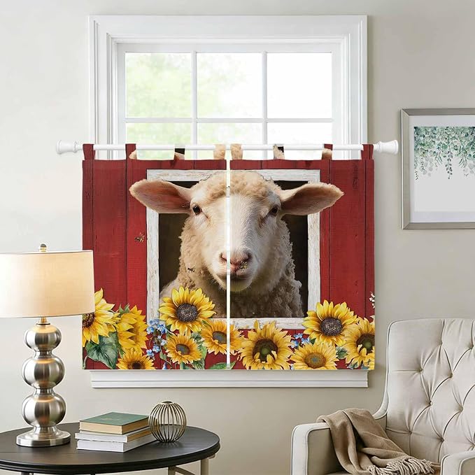 Sheep Sunflower Bedroom Curtains 63 Inch Length, Window Curtains Tab Top