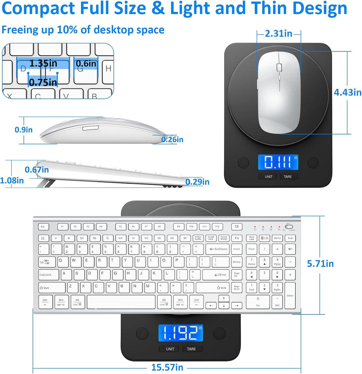 Keyboard and Mouse Wireless, Slim Flat Silent Quiet White Silver