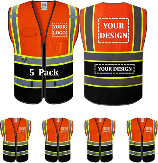 5 Pack Custom Mesh Safety Vest Customized Logo Class2 High Visibility Reflective Vest with Pockets Construction workwear（Orange Black，4XL ）