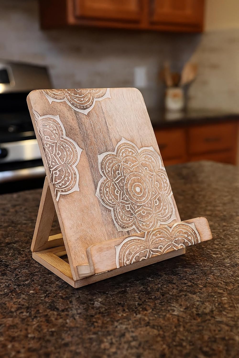 Wedding Gifts Mandala Wooden Cookbook Stand for Kitchen Counter Recipe Book Holder for Cooking, Solid Wood Chopping Board Style Foldable and Durable Recipe Holder for Tablets and Cookbooks
