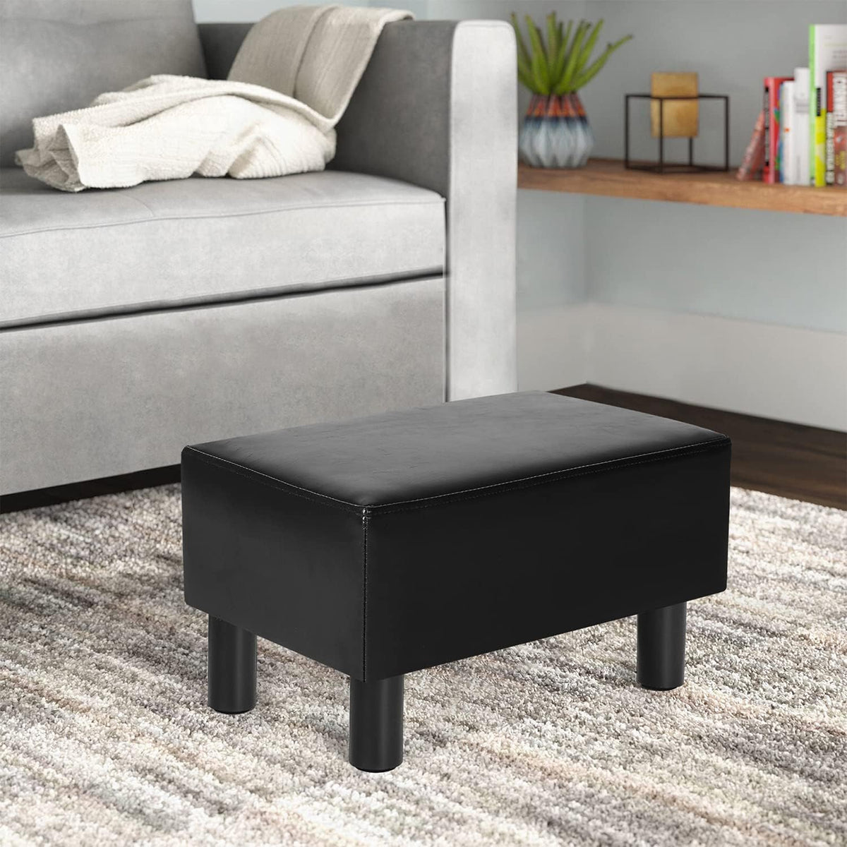 Joveco Small Footstool Ottoman Faux Leather Footrest Modern Rectangular Foot Stool Pets Steps for Couch Desk Office Dogs Living Room Bedroom (Black)